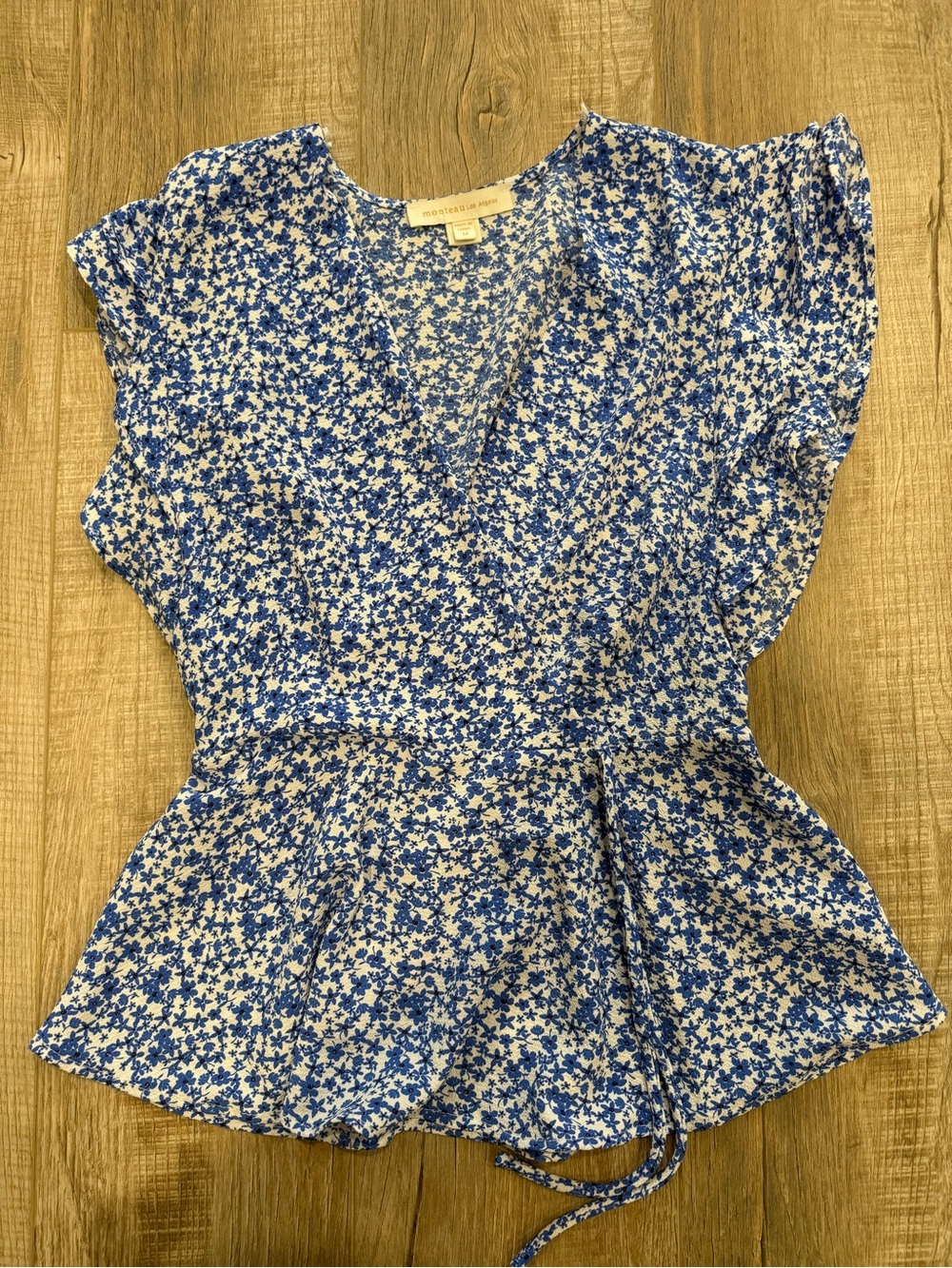 Monteau White and Blue Floral Wrap Peplum Top